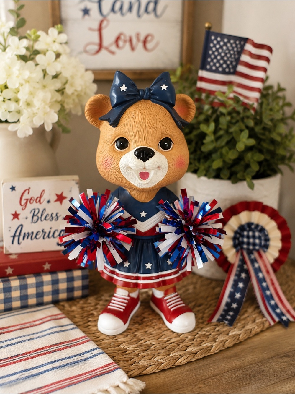 Patriotic Cheerleader Bear Figurine Red White Blue Americana Decor 12”